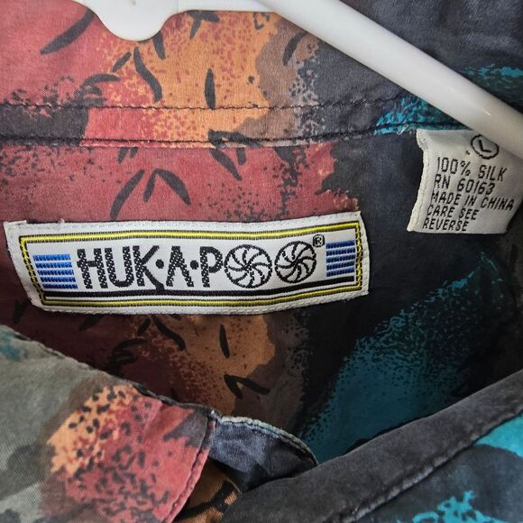 Huk-A-Poo Mens Vintage Silk Abstract Printed Short Sleeve Button Down Large - Picture 4 of 5